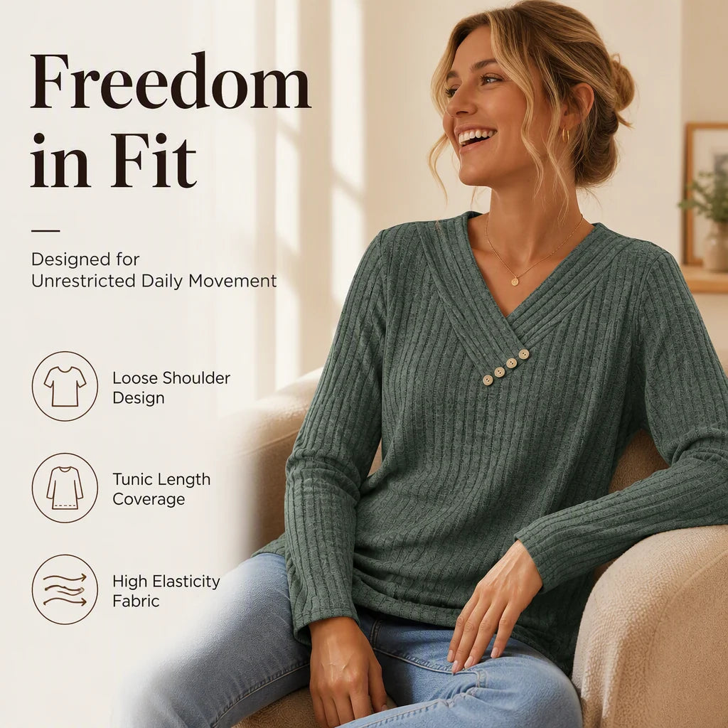 Women's Ribbed V-Neck Button Detail Top
