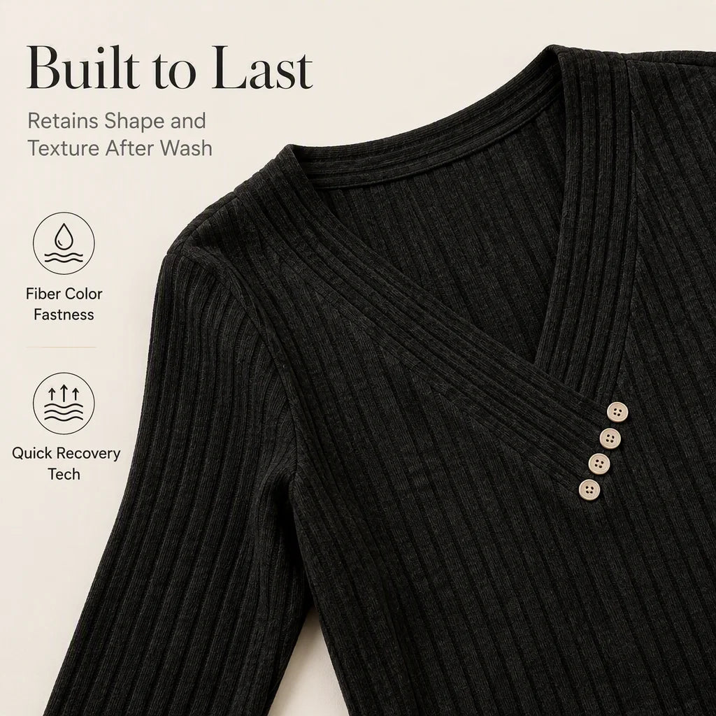 Women's Ribbed V-Neck Button Detail Top