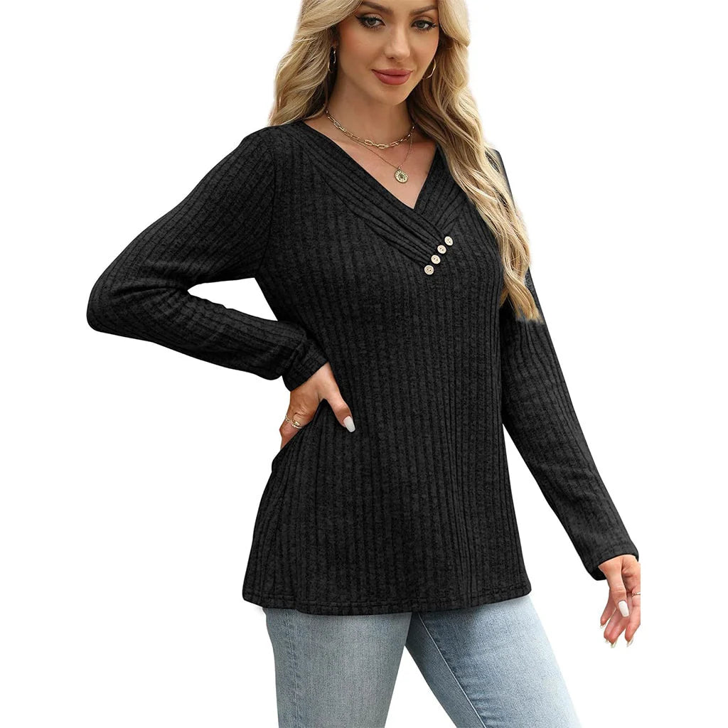 Women's Ribbed V-Neck Button Detail Top