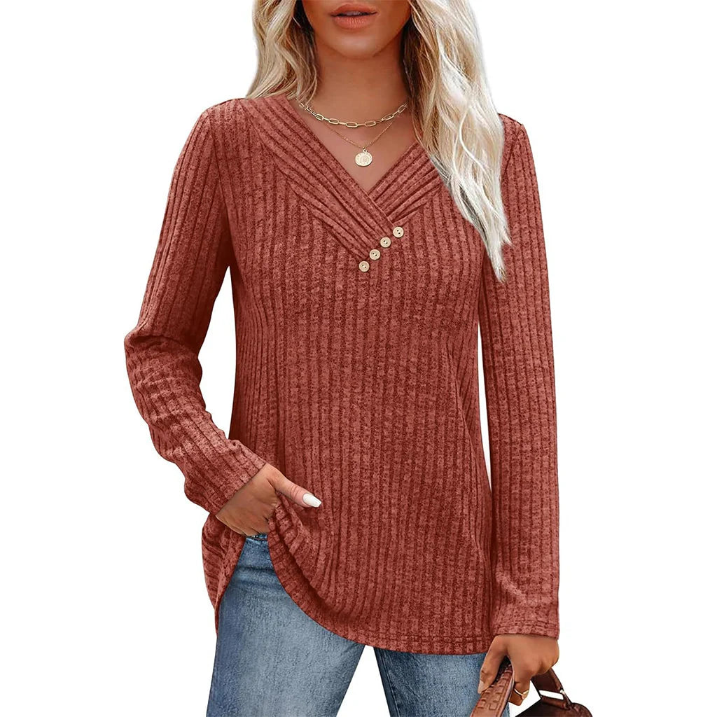 Women's Ribbed V-Neck Button Detail Top