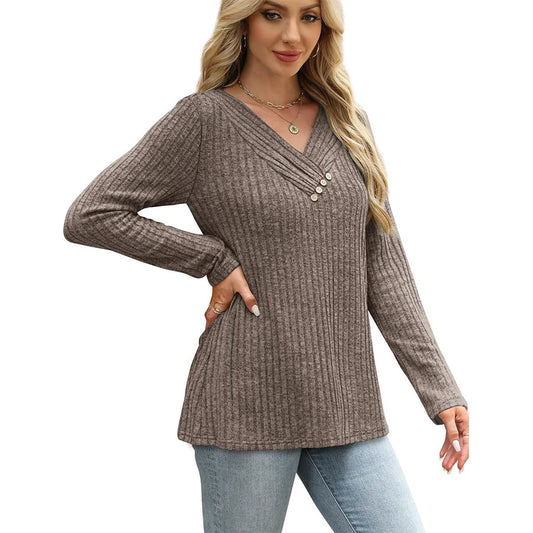 Women's Ribbed V-Neck Button Detail Top
