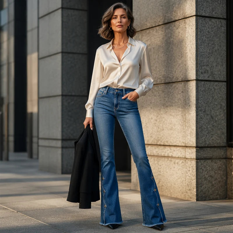 Women's Scallop Button Flare Jeans