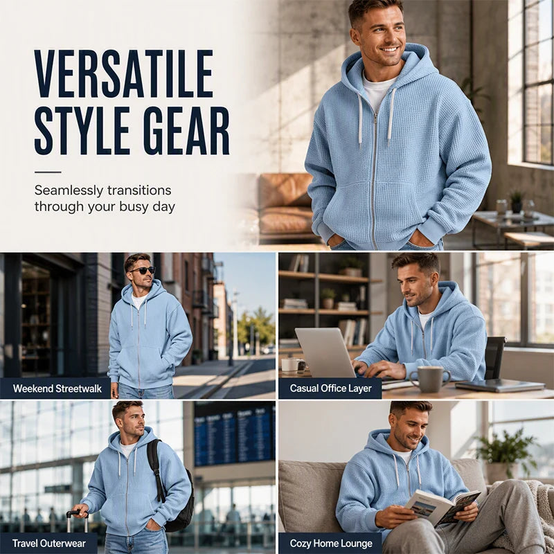 Men's Waffle Texture Zip Hooded Jacket