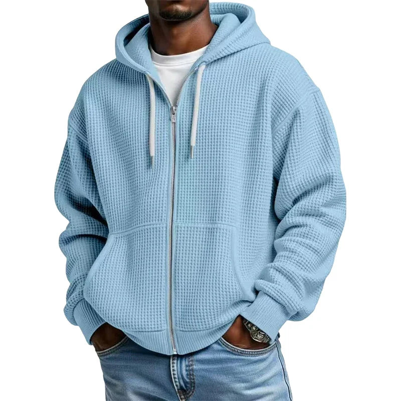 Men's Waffle Texture Zip Hooded Jacket