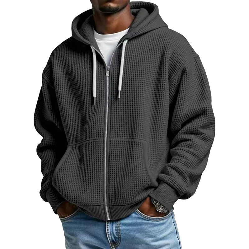 Men's Waffle Texture Zip Hooded Jacket