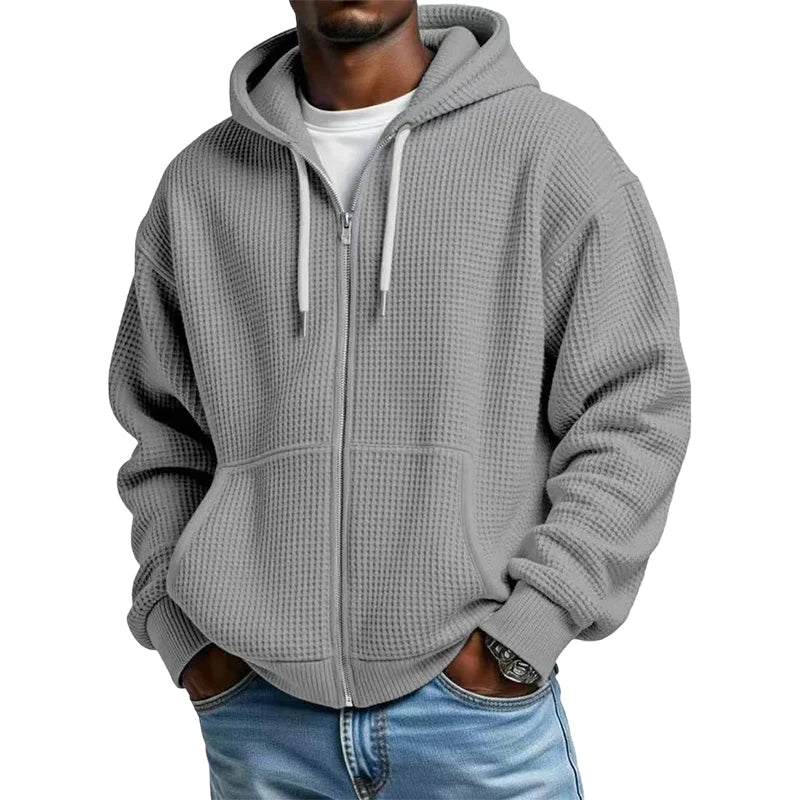 Men's Waffle Texture Zip Hooded Jacket