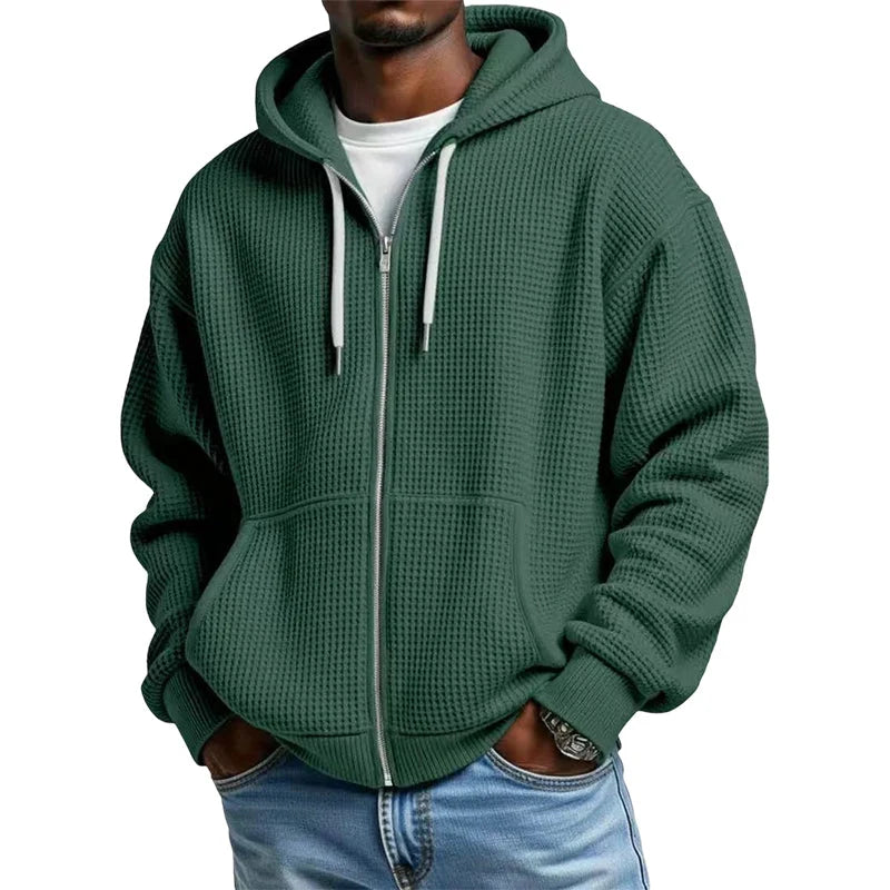 Men's Waffle Texture Zip Hooded Jacket
