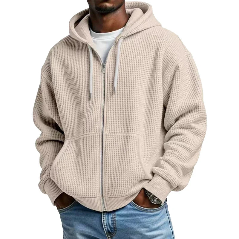 Men's Waffle Texture Zip Hooded Jacket