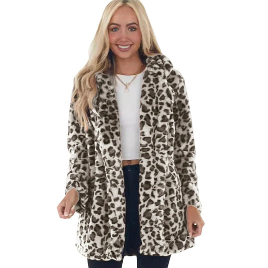 Women's Plush Leopard Print Longline Coat