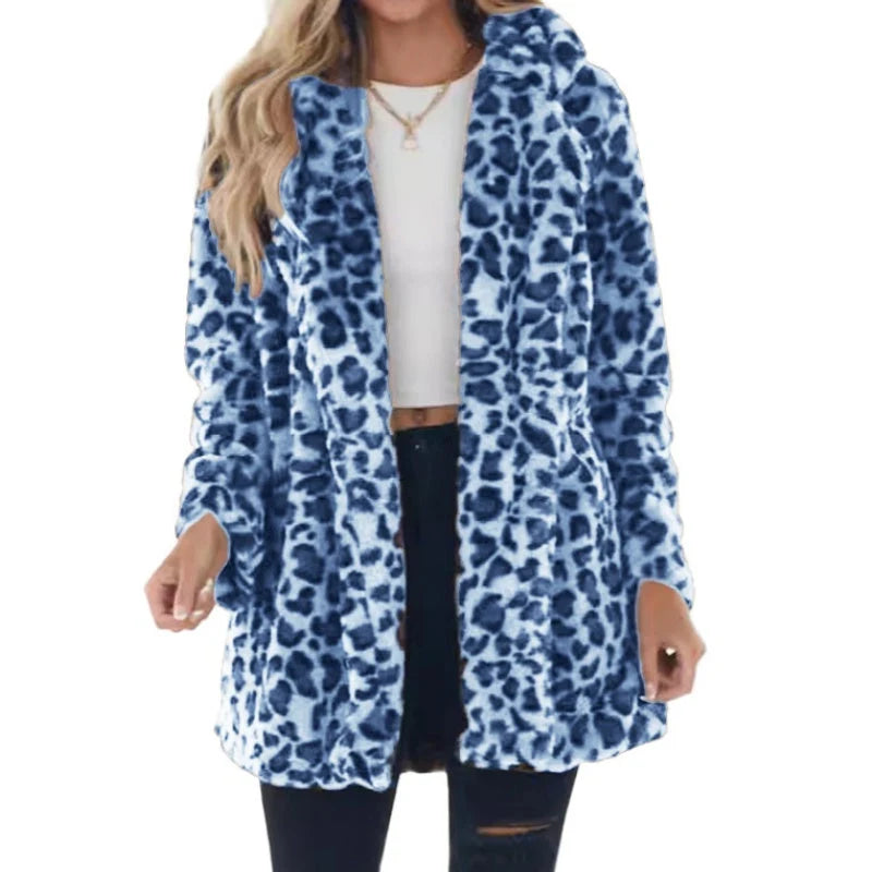 Women's Plush Leopard Print Longline Coat