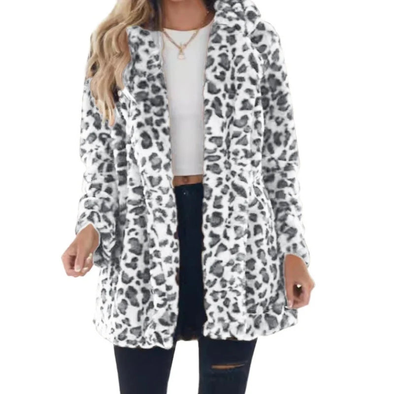 Women's Plush Leopard Print Longline Coat