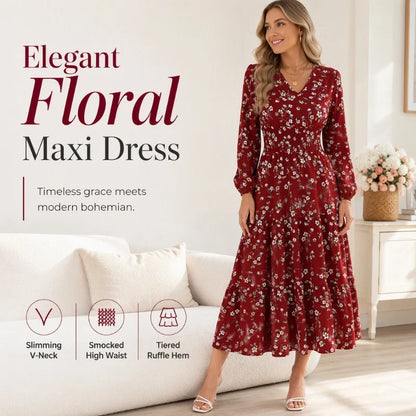 Women's Floral V-Neck Ruffle Maxi Dress