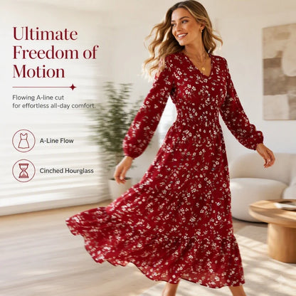 Women's Floral V-Neck Ruffle Maxi Dress