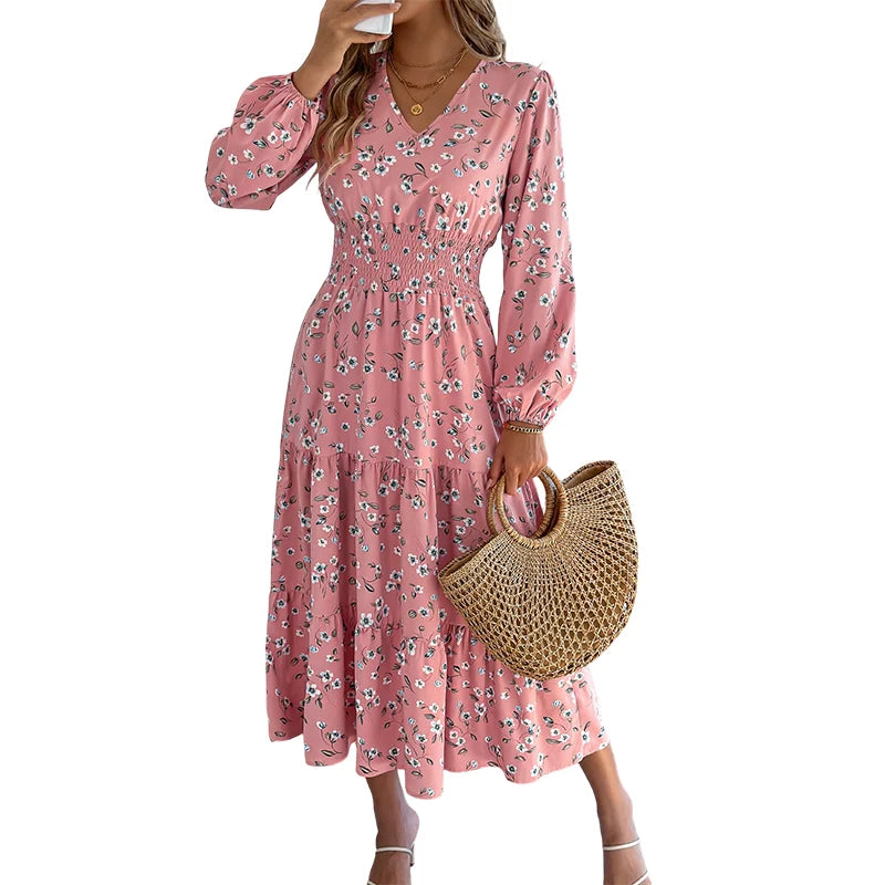 Women's Floral V-Neck Ruffle Maxi Dress