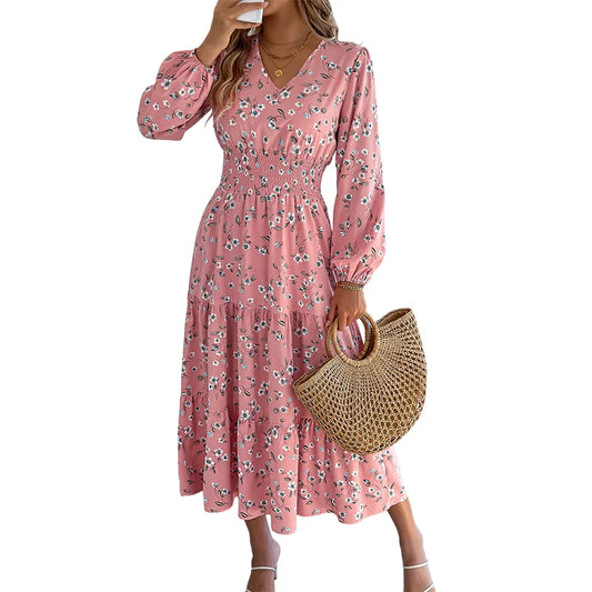 Women's Floral V-Neck Ruffle Maxi Dress