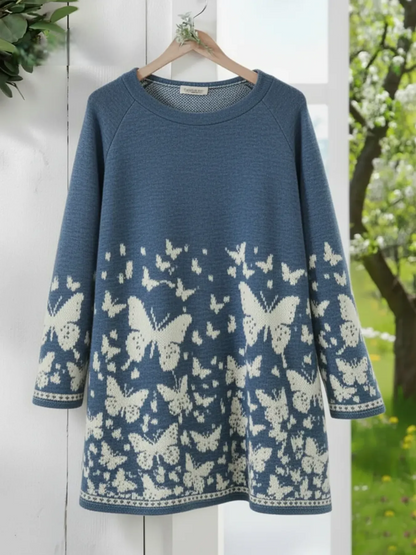 Women’s Butterfly Print Over-Hip Crew Neck Loose Sweatshirt
