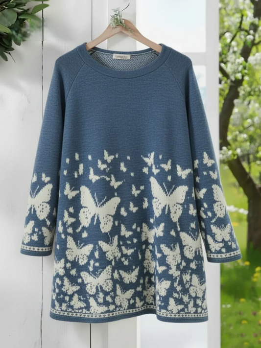 Women’s Butterfly Print Over-Hip Crew Neck Loose Sweatshirt