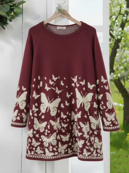 Women’s Butterfly Print Over-Hip Crew Neck Loose Sweatshirt