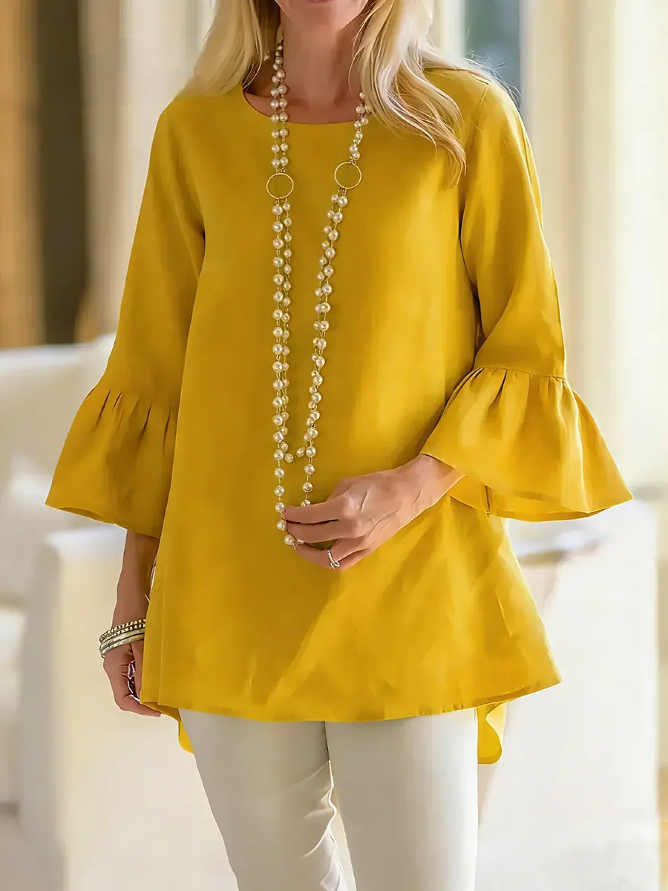 Women’s Solid Cotton Round-Neck 3/4 Sleeve Loose Top