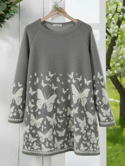 Women’s Butterfly Print Over-Hip Crew Neck Loose Sweatshirt