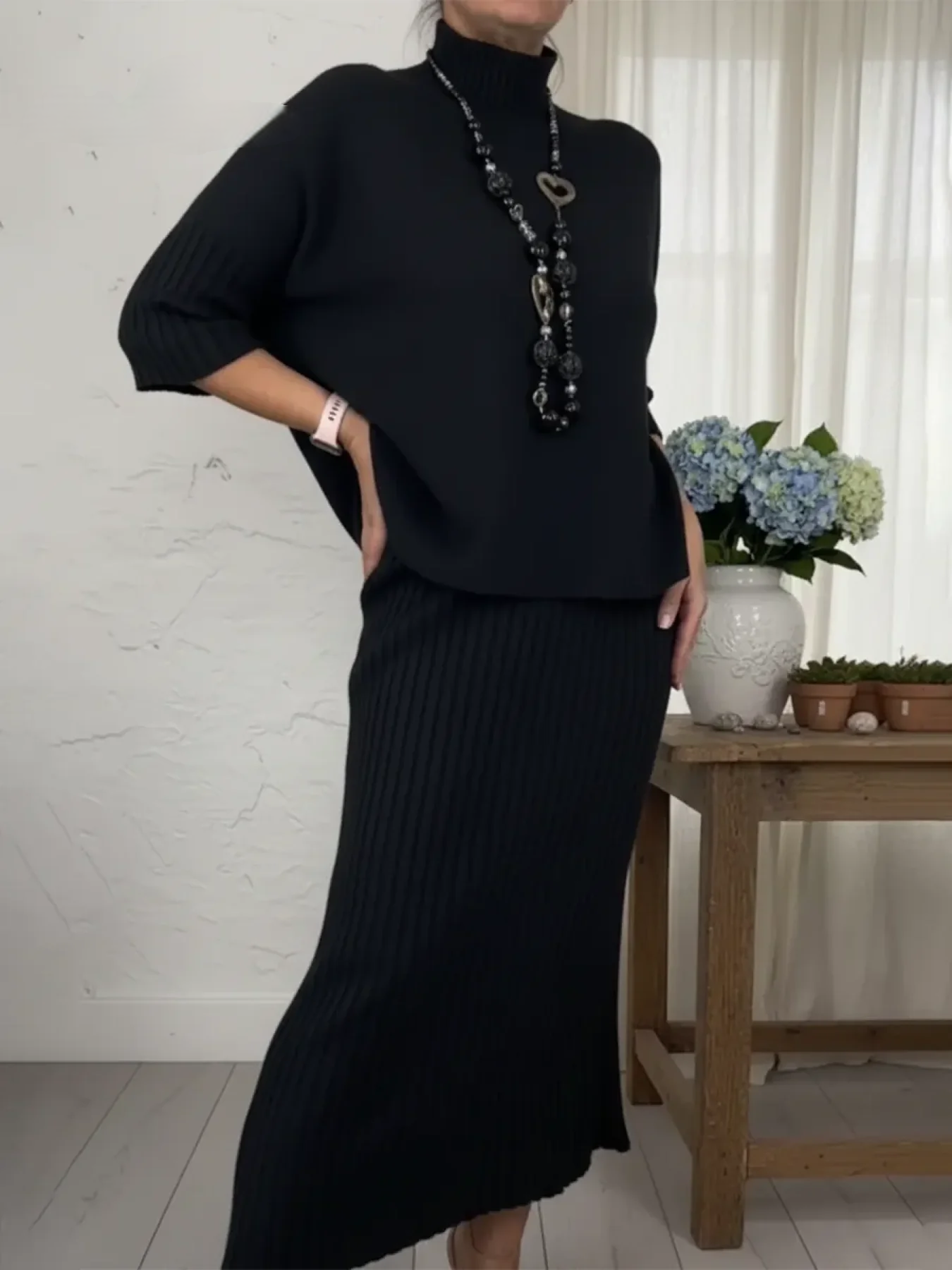 Women’s Elegant Knit Turtleneck Sweater & Skirt Set