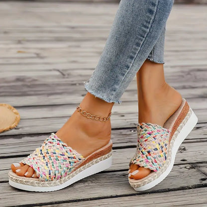 Women's Woven Straw Wedge Sandals - Summer Beach Slides