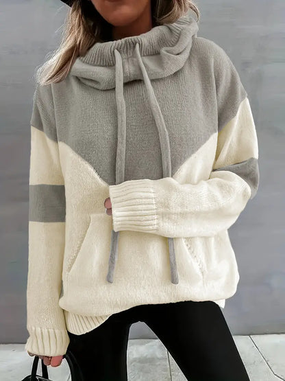 Women's Color Block Hooded Sweater – Casual Pullover with Pocket