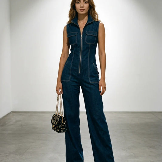Women's Sleeveless Zip-Front Denim Jumpsuit