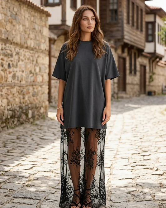 Women's T-Shirt Maxi Dress with Floral Lace Hem