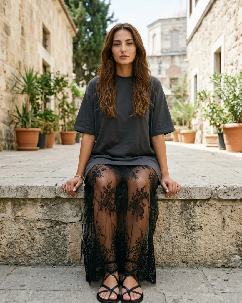 Women's T-Shirt Maxi Dress with Floral Lace Hem