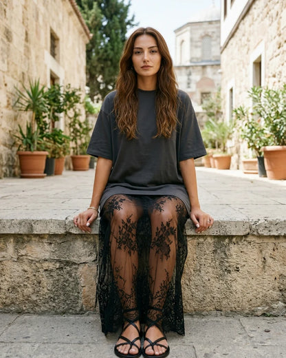 Women's T-Shirt Maxi Dress with Floral Lace Hem