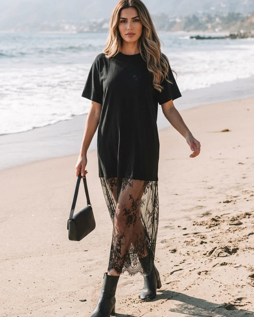Women's T-Shirt Maxi Dress with Floral Lace Hem