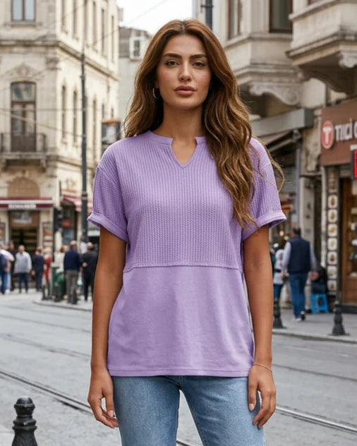 Women’s Mixed-Texture Notch-Neck T-Shirt