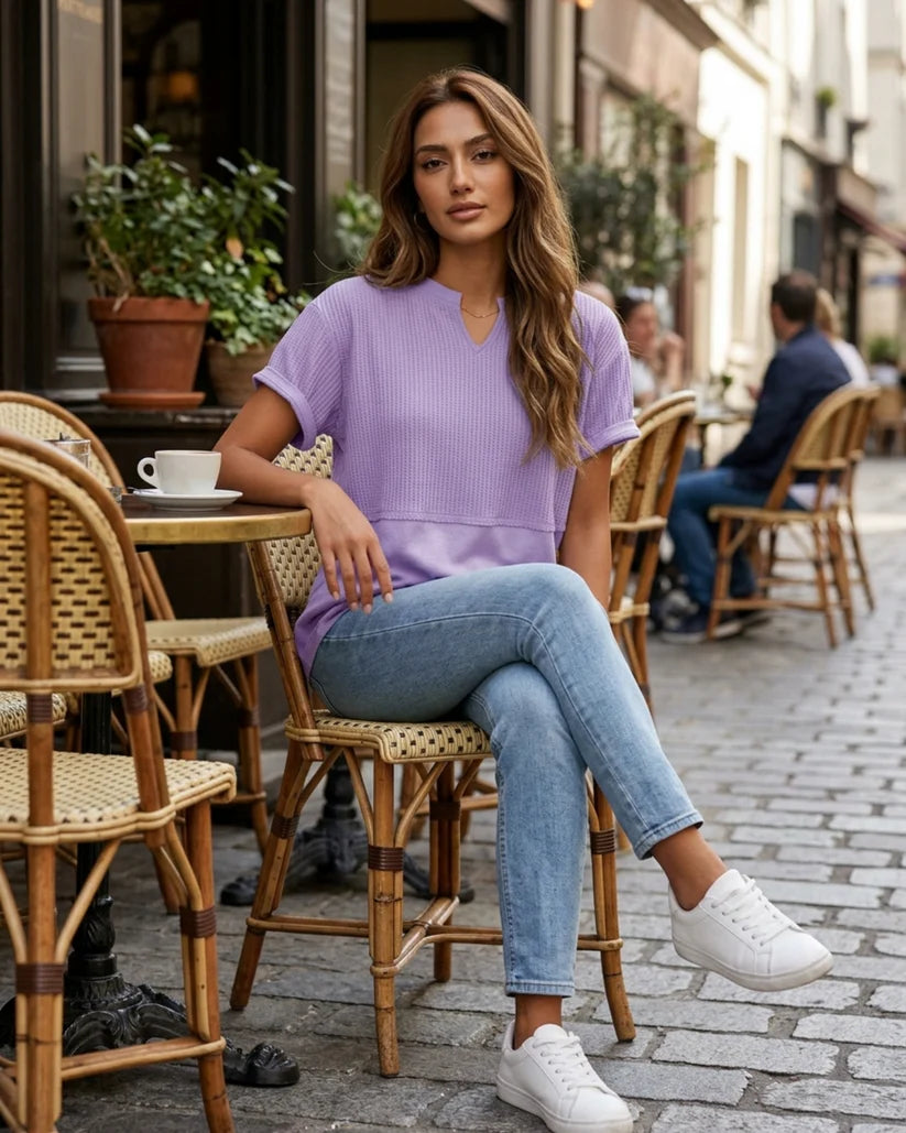 Women’s Mixed-Texture Notch-Neck T-Shirt