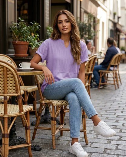 Women’s Mixed-Texture Notch-Neck T-Shirt