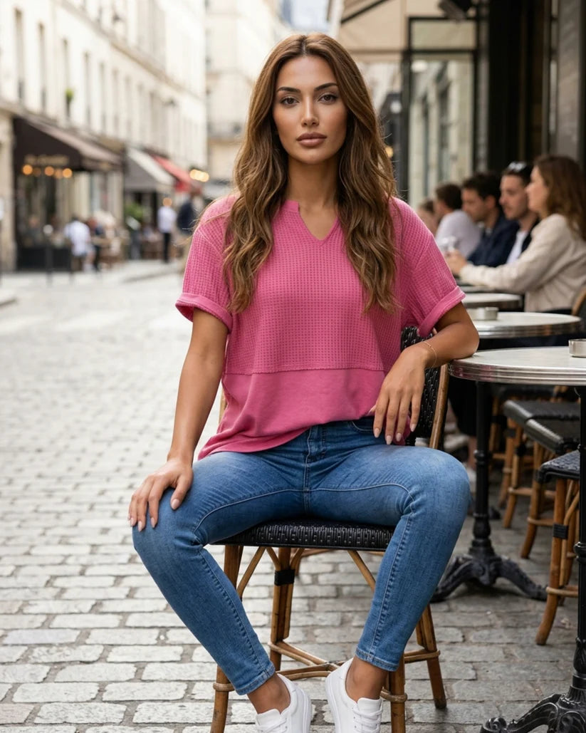 Women’s Mixed-Texture Notch-Neck T-Shirt
