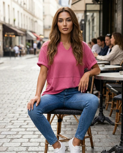 Women’s Mixed-Texture Notch-Neck T-Shirt
