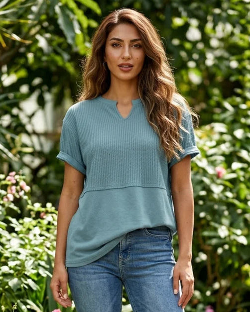 Women’s Mixed-Texture Notch-Neck T-Shirt