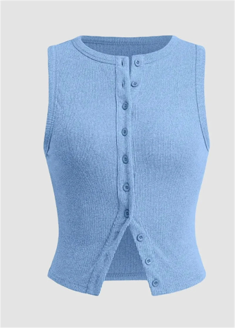 Women’s Ribbed Sleeveless Button-Front Crop Top