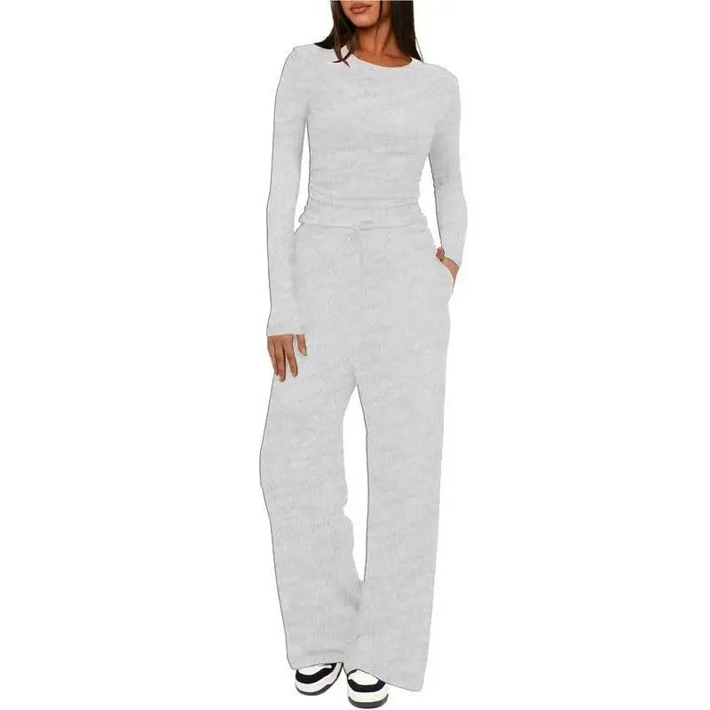 Women’s Soft-Touch Long Sleeve Lounge Set with Wide-Leg Trousers