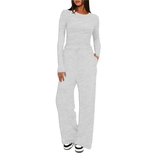 Women’s Soft-Touch Long Sleeve Lounge Set with Wide-Leg Trousers