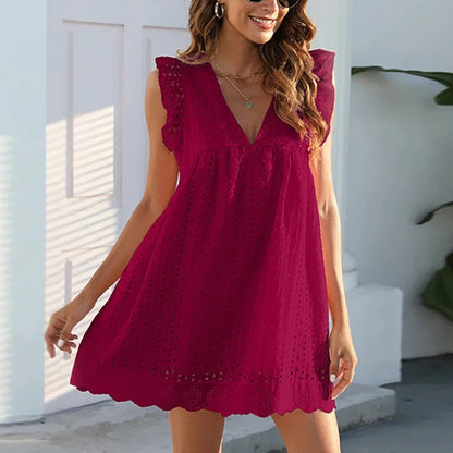 Women’s Broderie Anglaise V-Neck Ruffle Beach Mini Dress