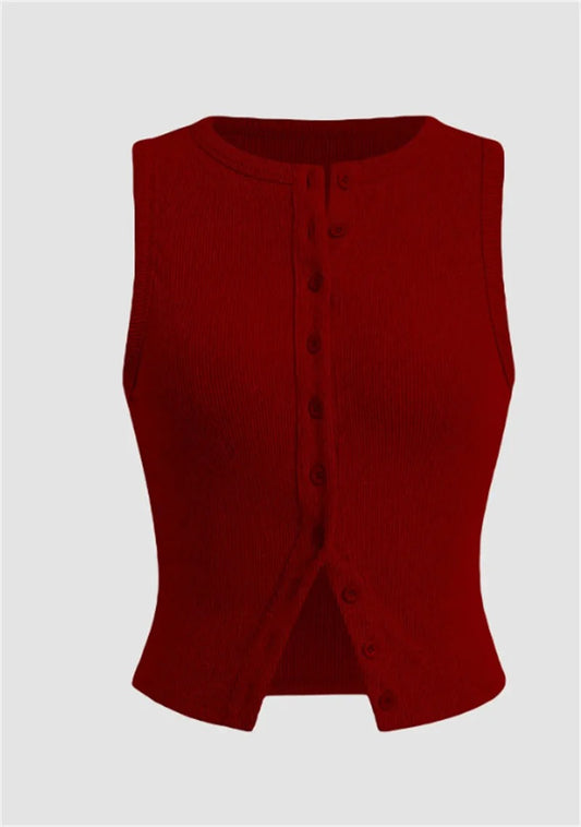Women’s Ribbed Sleeveless Button-Front Crop Top