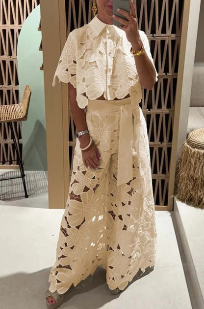 Women’s Embroidered Lace Two-Piece Blouse & Tie-Waist Trouser Set