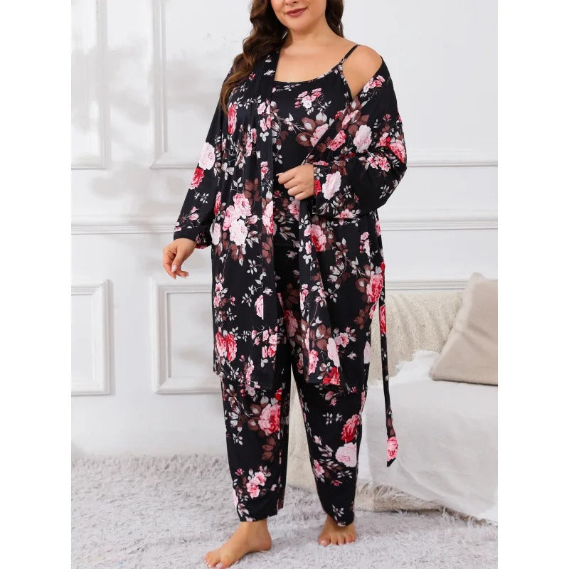 Women’s Milk-Silk 3-Piece Pyjama Set with Robe, Camisole and Long Trousers