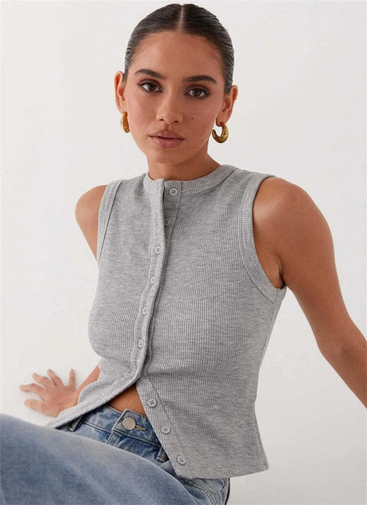 Women’s Ribbed Sleeveless Button-Front Crop Top