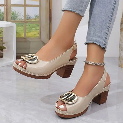 Sandals with Metal Buckle and Mid-Height Open Toe