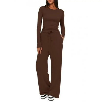 Women’s Soft-Touch Long Sleeve Lounge Set with Wide-Leg Trousers