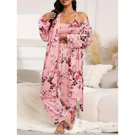 Women’s Milk-Silk 3-Piece Pyjama Set with Robe, Camisole and Long Trousers