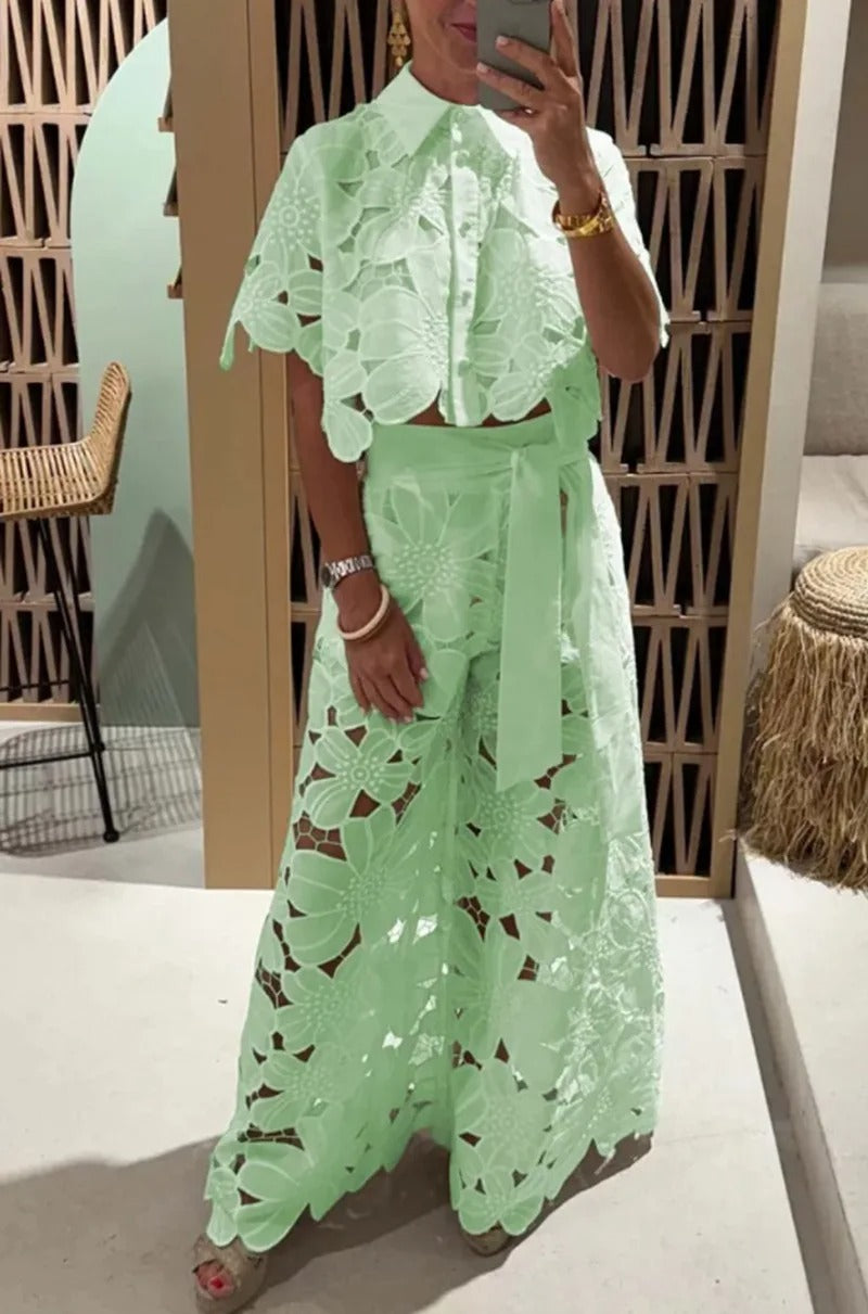 Women’s Embroidered Lace Two-Piece Blouse & Tie-Waist Trouser Set